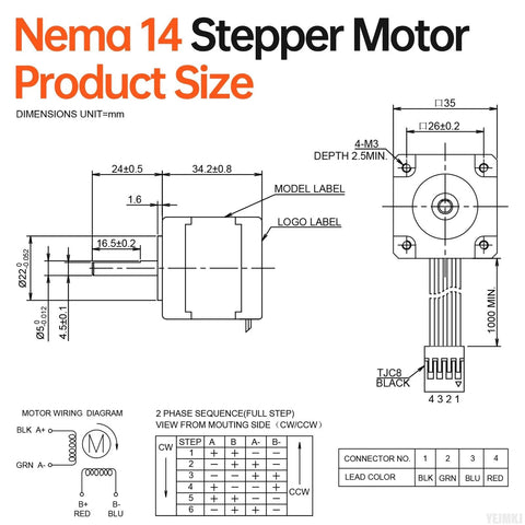 YEJMKJ Nema 14 stepper motor technical drawing showing side/front views, shaft size, dimensions, and 4-wire cable.