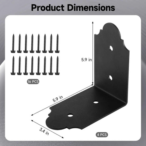 Heavy Duty 5.9 Inch L Steel Corner Brackets, 4 Pack With Screws, showing dimensions, 16 screws included for sturdy builds.