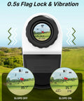 Golf Rangefinder With Slope 1200 Yard Distance, Magnetic Strap, close-up view showing flag lock and vibration features on display