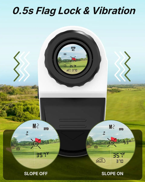 Golf Rangefinder With Slope 1200 Yard Distance, Magnetic Strap, close-up view showing flag lock and vibration features on display