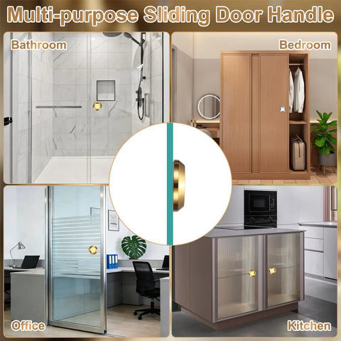 Round Glass Sliding Door Handles Set In 304 Stainless Steel Back To Back For Shower Balcony Office And Cabinet Doors With Adhesive Stickers Gold Finish Easy Install No Drill, gold handle in bathroom, bedroom, office and kitchen use
