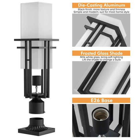 Side view of Heavy Duty Aluminum Outdoor Post Light With Frosted Glass Shade, showcasing E26 base and die-cast aluminum frame.