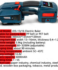 Heavy Duty Electric Strapping Machine With 6000Mah Battery Automatic Handheld Banding Tool For Pet And Pp Straps Quick Lock Sealer Smooth Operator Design, showing blue baler dimensions and specifications.