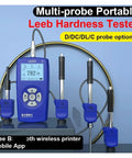Heavy Duty Wireless Leeb Hardness Tester With Slick App Control And Built In Printer For Steel Testing High Precision Dual Coil Design Plug And Play Interchangeable Scales Industrial Gear displayed with multiple probes and digital display.