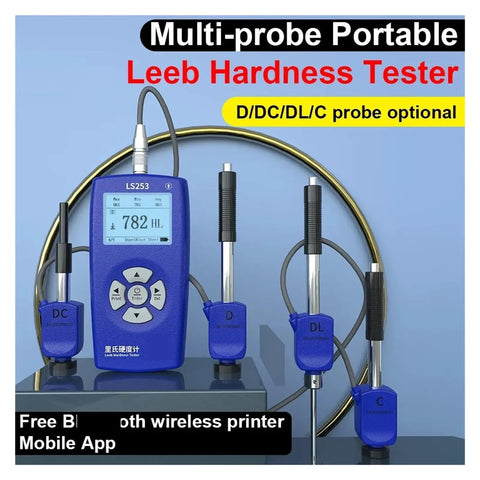 Heavy Duty Wireless Leeb Hardness Tester With Slick App Control And Built In Printer For Steel Testing High Precision Dual Coil Design Plug And Play Interchangeable Scales Industrial Gear displayed with multiple probes and digital display.