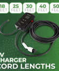 Hassle Free Level Two EV Charger 80Amp 18.5 Ft Cord Plug And Play Home Charging Station displaying various cord lengths options.