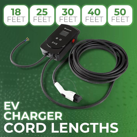 Hassle Free Level Two EV Charger 80Amp 18.5 Ft Cord Plug And Play Home Charging Station displaying various cord lengths options.