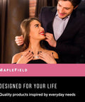Man helping woman wear necklace with smile, MapleField ad at dinner, highlighting personal touch in jewelry wearing.