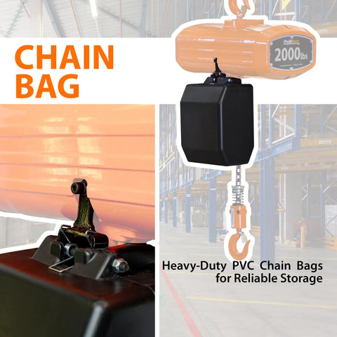 Heavy-duty PVC chain bag attached to Portable Electric Chain Hoist With Wireless Remote Control 2000 Lbs Lifting Capacity