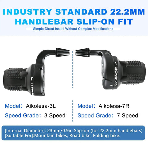 Revoshift 3x7 Speed Shifter Set with 22.2mm handlebar fit, non-slip grips, 3-speed left and 7-speed right levers