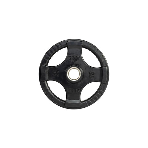 Heavy Hitter Rubber Coated Olympic Weight Plate With Secure Anti Slip Grip For Grind Ready Strength Training And Home Gym Barbell Workout Routine 25 Lb Iron Disc view from above