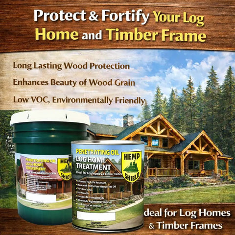 Heavy Duty 2 In 1 Log Home Stain And Sealer Formulated With High Solids For Rock Solid Exterior Wood Defense in five-gallon buckets.