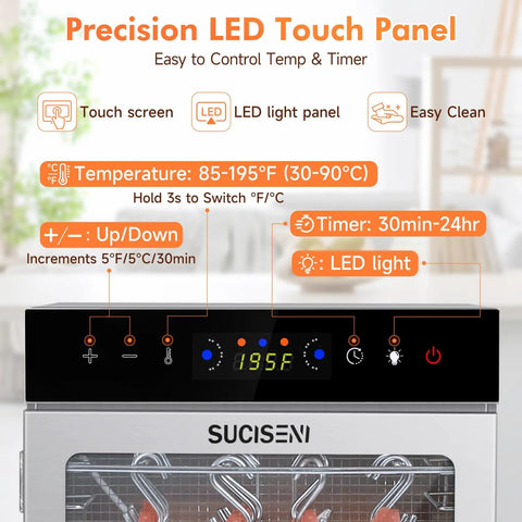 Precision LED touch panel of Commercial Grade Food Dehydrator With Eighteen Slick Stainless Steel Trays for easy temperature control.