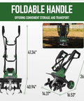 Foldable handle of Powerful 14 Inch Electric Tiller Cultivator With 10 Amp Motor shown with dimensions and storage feature.