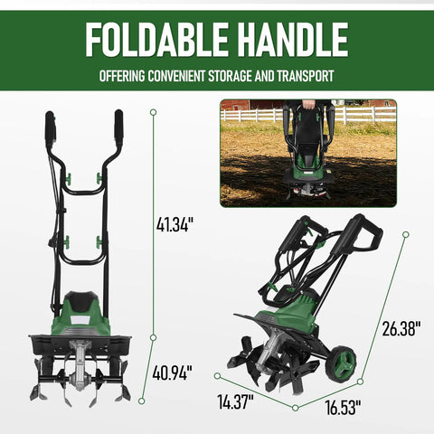 Foldable handle of Powerful 14 Inch Electric Tiller Cultivator With 10 Amp Motor shown with dimensions and storage feature.