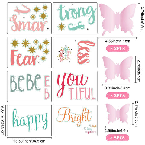 20 Sheets Inspirational Quotes And 3D Butterfly Wall Decals Set For Girls Bedrooms And Living Rooms Pink Pastel Decor With 8 Quote Sheets And 12 Butterfly Sheets In 3 Sizes Be Bright Be Happy Be You Tiful displayed with size measurements