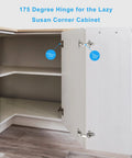 175 Degree Soft Close Hinges For Corner Cabinets With Clip On Plates, installed in a white corner cabinet.