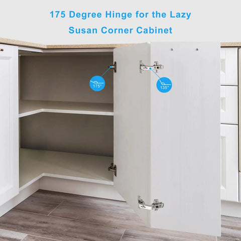 175 Degree Soft Close Hinges For Corner Cabinets With Clip On Plates, installed in a white corner cabinet.
