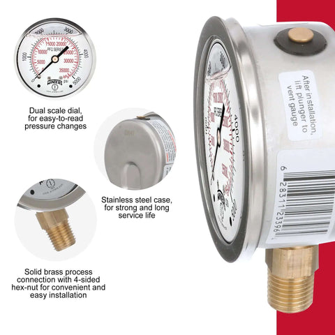 Industrial Pressure Gauge With Two And A Half Inch Dial, A Real Workhorse, Liquid Filled Brass Internals In A Stainless Steel Case, Dual Scale 0 To 5000 PSI And KPa, 1.5 Percent Accuracy, Quarter Inch NPT Bottom Mount, Glycerin Filled