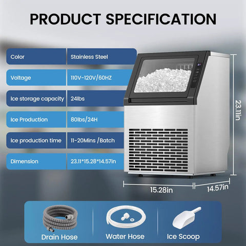 Under Counter Ice Maker Machine Freestanding Stainless Steel With Ice Thickness Control 80 Lbs Per Day 28 Lbs Storage