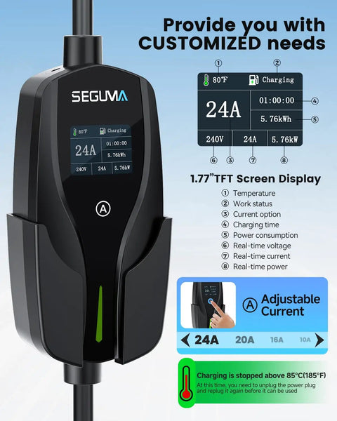 Heavy Duty Level 2 Ev Charger With 24 Amp Adjustable Output For Electric Vehicles Includes Dual Voltage Plugs, TFT display with charging status.