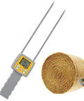 Pro Grade Dual Probe Hay Moisture Tester With Temperature Humidity Compensation For Hay Bales And Forage, Portable Meter With LCD Backlit Display For Alfalfa, Grass, Pennisetum Hydridum And Leymus Chinensis, shown with hay bale