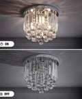 Crystal Chandelier 3 Light LED Flush Mount In Chrome, Modern Mini Ceiling Pendant, On and Off Views