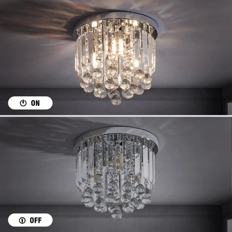 Crystal Chandelier 3 Light LED Flush Mount In Chrome, Modern Mini Ceiling Pendant, On and Off Views