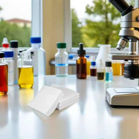 Top Shelf Lint Free Cleaning Wipes Heavy Duty Oil Absorbing Cloths For Sensitive Electronics And Cleanroom Gear 6 Inch disposable wipes on lab table.