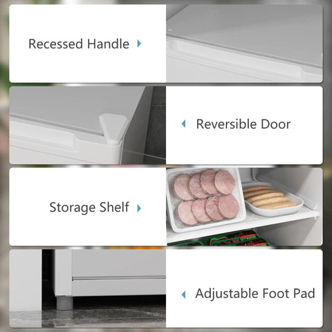 Sweet 3 Cu Ft White Upright Freezer with Reversible Door And Adjustable Thermostat showcases recessed handle, storage shelf, and adjustable foot pad.