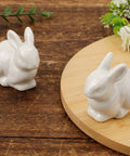 Two Pieces Rabbit Shaped Ceramic Toilet Bolt Covers Set For Bathroom Decor, Cute Bunny Toilet Screw Caps on wooden surface.