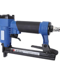 Pneumatic Brad Nailer for Woodworking and Cabinet Trim Repair with Jam Free Split Nozzle Tech Built Like a Workhorse for DIY Crew Handling Ceilings and Cabinet Projects on the Daily Grind, side view showing grip and nozzle.