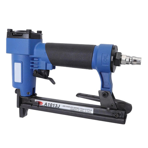 Pneumatic Brad Nailer for Woodworking and Cabinet Trim Repair with Jam Free Split Nozzle Tech Built Like a Workhorse for DIY Crew Handling Ceilings and Cabinet Projects on the Daily Grind, side view showing grip and nozzle.