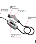 Go-To Portable Level 1 EV Charger For Home And On The Go 12 Amp At 120 Volt NEMA 5 15P Plug Indoor Outdoor Use J1772 Connector 20 Foot Cable SEV1670 Ships Fast showing J1772 connector and 20-foot cord