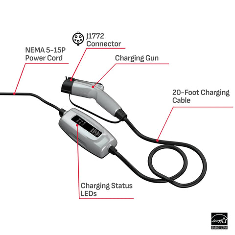 Go-To Portable Level 1 EV Charger For Home And On The Go 12 Amp At 120 Volt NEMA 5 15P Plug Indoor Outdoor Use J1772 Connector 20 Foot Cable SEV1670 Ships Fast showing J1772 connector and 20-foot cord