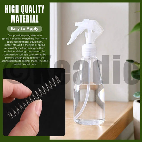 Person holding a Mini Stainless Steel Extension Spring from 100 Piece Multipack next to a spray bottle, showcasing usage.