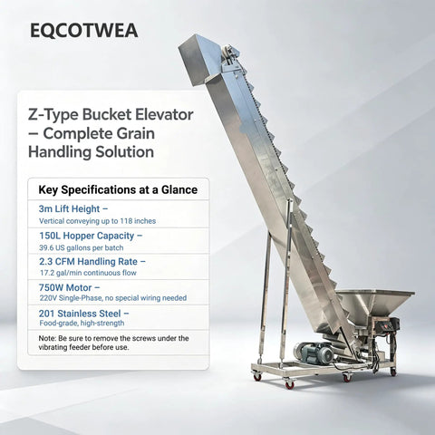 Premium Stainless Steel Z Type Bucket Elevator Featuring Spacious 150 Liter Hopper And Rock Solid Three Meter Vertical Lift Running Your Granule Load Smooth As Butter, showcasing specifications.