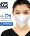 Woman wearing NIOSH Certified N95 Mask 95 Filtration Made in USA White Overhead Headband Respirator 20 Pack