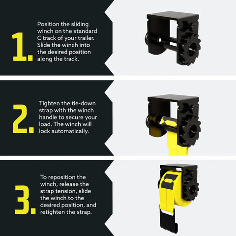 Diagram of sliding winch for flatbed trailer heavy duty tie down system with powder coated steel, showing installation steps.