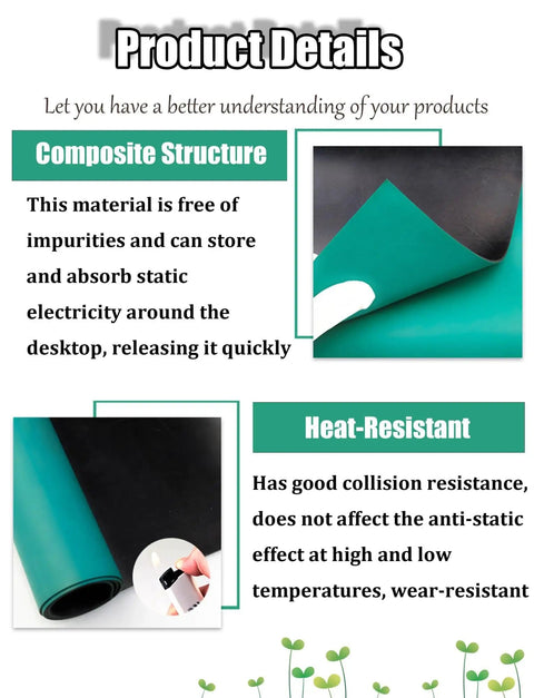 Product details of Electronics Soldering Workbench Mat Anti Static Flexible Rubber Pad showing composite structure and heat resistance.