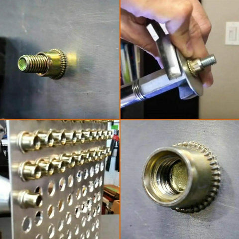 Close-up of Jinhxofs Carbon Steel Flat Head Threaded Rivet Nut Insert, showing installation on sheet metal surface.
