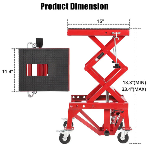 Heavy Duty 350 Lb Hydraulic Motorcycle Lift Jack With Foot Operated Scissor Stand Four Wheels Wide Deck And J Hook Mounts For ATV Dirt Bike And UTV A Practical Lift Solution For Home Garages, side view showing dimensions and lift range.