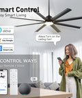 72 Inch Industrial Smart Ceiling Fan With Light And Remote Control Via WiFi Alexa Beast Mode Power With 8 Black Aluminum Blades