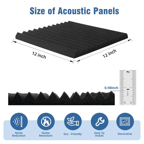 100 Pack Soundproof Foam Panels For Walls, 12x12 Inch Acoustic Tile showing size dimensions and texture for effective noise reduction.