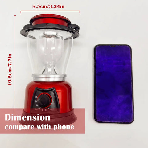 Battery Powered LED Lantern With Variable Power For Camping Dimmable COB LED Light For Hiking Fishing And Emergency Use Red 2 Pack Beast Brightness 360 Degree Light Portable Lantern next to smartphone for size comparison
