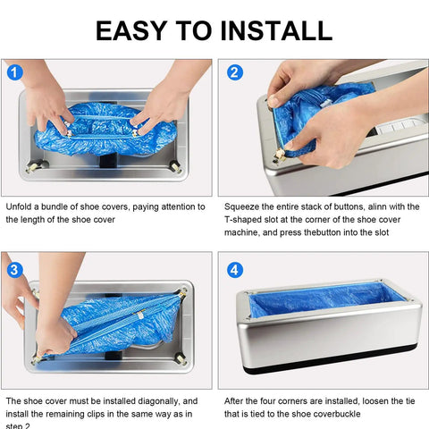 Step-by-step guide showing how to load Automatic Shoe Covers Dispenser For Home Office Supermarket Factory And Lab.