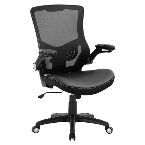 All Day Comfort Ergonomic Office Chair With Swivel Mesh Back PU Leather Seat Boss Level Support Adjustable Lumbar Flip Up Armrests Smooth Casters Tilt Lock Great For Home Office Desk Work And Long Sessions