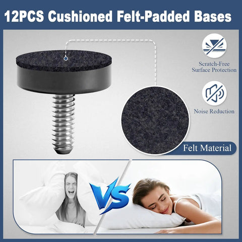 Quarter Inch Thread Leveling Feet 12 Pack Adjustable Furniture Levelers with felt pads for quiet, scratch-free furniture stability.