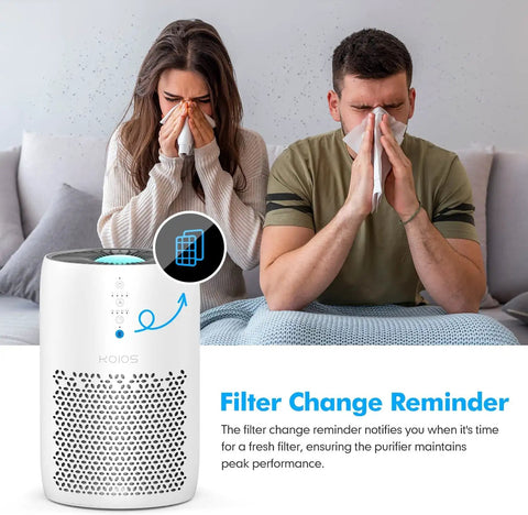 Image of an air purifier with two people in the background experiencing allergies, highlighting the importance of replacing filters.