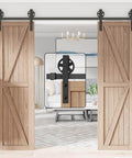 Heavy Duty Sliding Barn Door Hardware Kit For Wood Doors Double Track With Big Spoke Wheel Rollers Black Powder Coated Steel Anti Corrosion Finish Supports Up To 230 Lbs Fits 5 To 18 Feet Doors